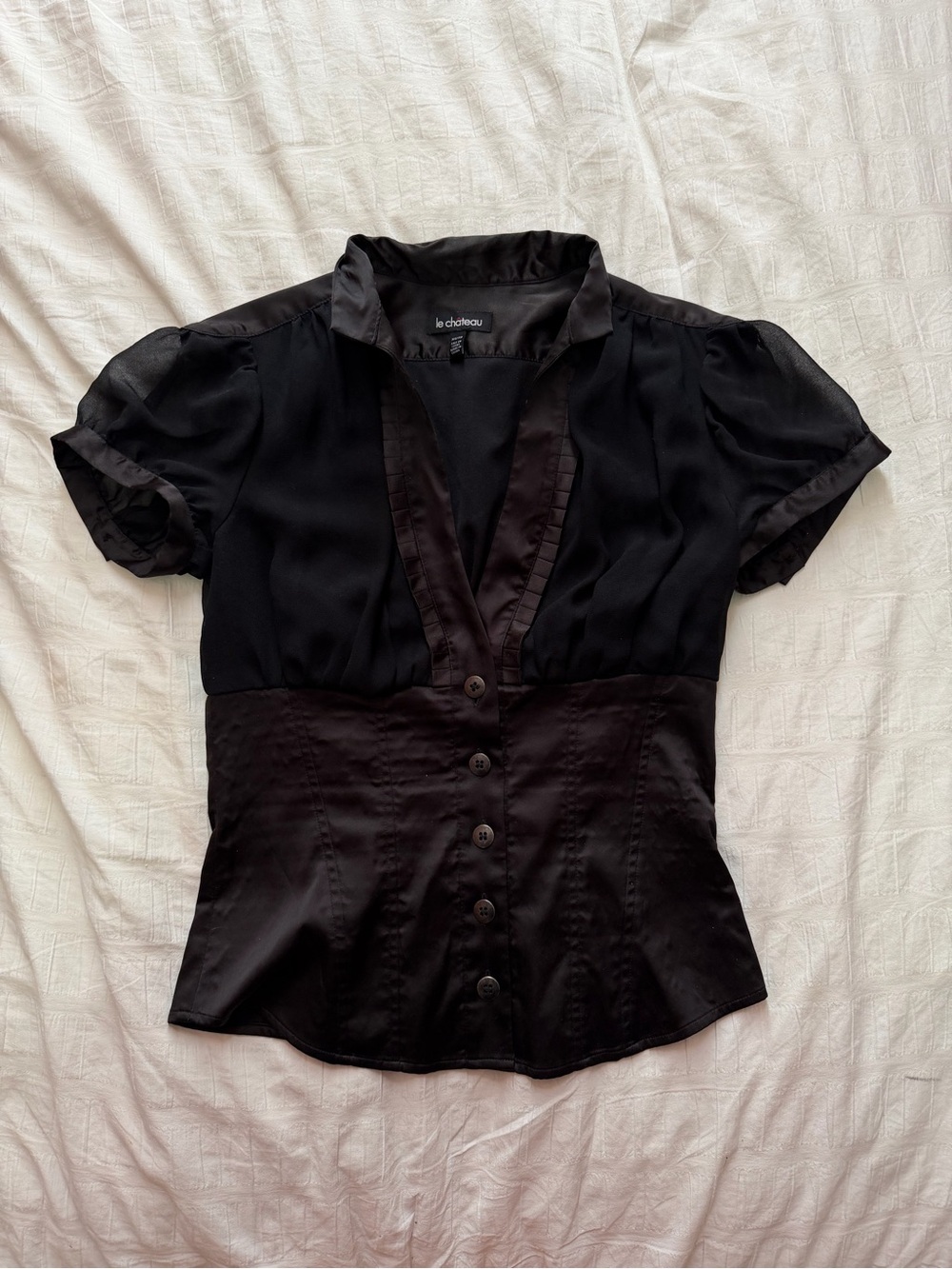 le chateau Black Short-Sleeve Buttoned fitted blouse